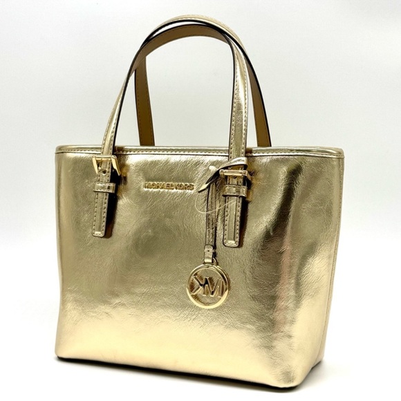 Michael Kors Jet Set Travel Extra-Small Logo Top-Zip Tote Bag Pale Gold - Picture 1 of 10